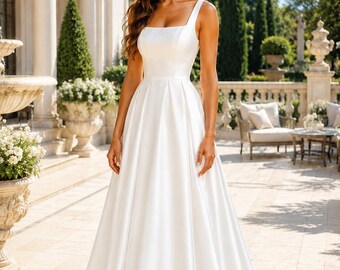 Vintage Satin Wedding Dress, Square Neck Wedding Gown, Sleeveless Bridal Dress, Minimalist Wedding Dress, Elegant Custom Made Bridal Gown