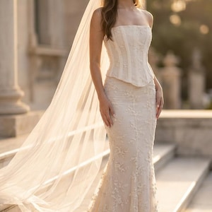 May include: A strapless ivory wedding gown with a fitted bodice and a flowing, floral-embroidered skirt. A long, sheer veil cascades down the back. The dress is worn outdoors on marble steps, bathed in soft sunlight.