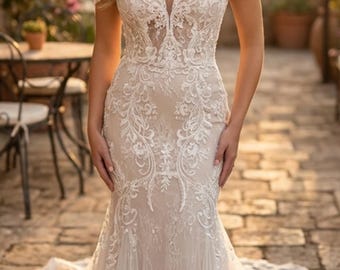 Boho Mermaid Wedding Dress with Lace & Tulle, Off Shoulder, Romantic Cathedral Train,Custom Made