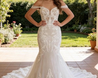 Boho Mermaid Wedding Dress with Lace & Tulle, Off Shoulder, Romantic Cathedral Train,Custom Made