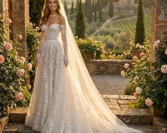 Elegant Lace Wedding Dress – Off Shoulder Bridal Gown, Long Sleeve Corset Wedding Dress with Train, Romantic Formal Dress for Bride