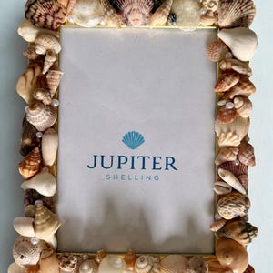 Könnte beinhalten: Ein rechteckiger Bilderrahmen, verziert mit verschiedenen Muscheln in Braun-, Beige- und Weißtönen. Der Rahmen hat einen goldfarbenen Rand und der Text "JUPITER SHELLING" ist in der Mitte sichtbar.