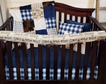 Boy Crib Bedding - Cowboy and Denim Navy Check Cow Western Baby Bedding Collection