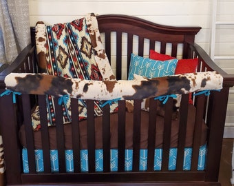 Boy Crib Bedding - Aztec Cow Western Ranch Nursery Collection - Cow Minky, Aztec, Teal Arrow