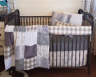 Quick Ship Neutral Crib Bedding Farmhouse Nursery Collection - White Tan Arrows, Ecru Check, Silver Fawn Minky, Farm Nursery Set