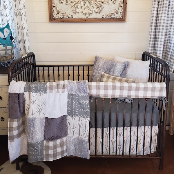 Quick Ship Neutral Crib Bedding Farmhouse Nursery Collection - White Tan Arrows, Ecru Check, Silver Fawn Minky, Farm Nursery Set