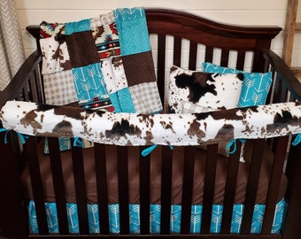 Boy Crib Bedding - Aztec Cow Nursery Collection - Cow Minky, Aztec, Teal Arrow