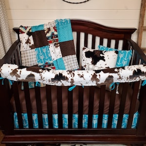 Boy Crib Bedding - Aztec Cow Nursery Collection - Cow Minky, Aztec, Teal Arrow