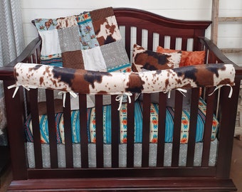 Boy Crib Bedding - Barn Dandy Cowboy and Teal Aztec Cow Western Baby Bedding Collection