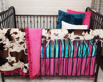 Girl Crib Bedding - Serape and Cow Minky Western Nursery Collection