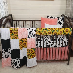 Girl Crib Bedding - Sunflower and Cow Minky Baby Bedding Nursery Collection