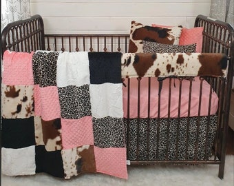 Girl Crib Bedding - Cheetah Minky and Cow Minky Nursery Collection
