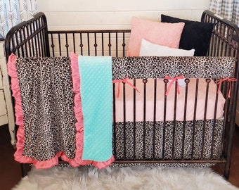 Quick Ship - Girl Crib Bedding - Cheetah and Coral Nursery Collection