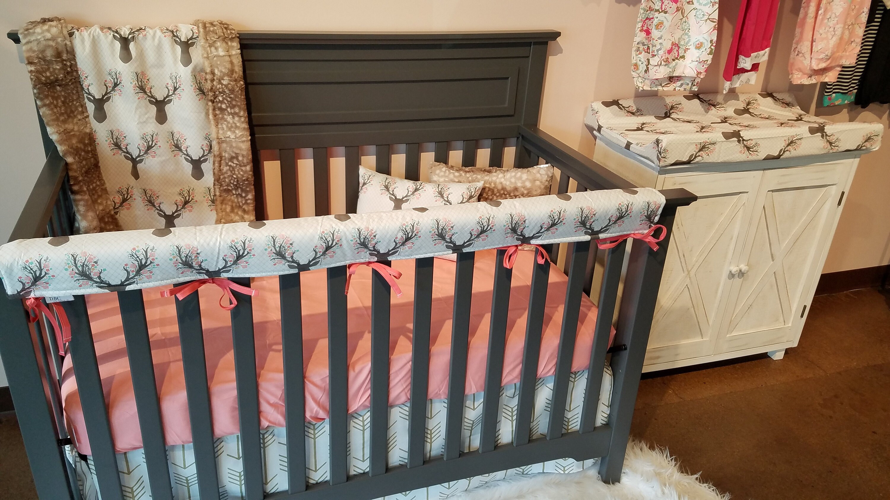 2 Day Ship Girl Crib Bedding Tulip Fawn Fawn Minky White Tan