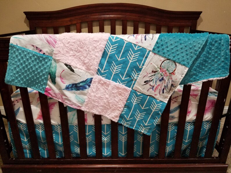 Girl Crib Bedding Dream Catcher Feathers Arrows Teal Image 0