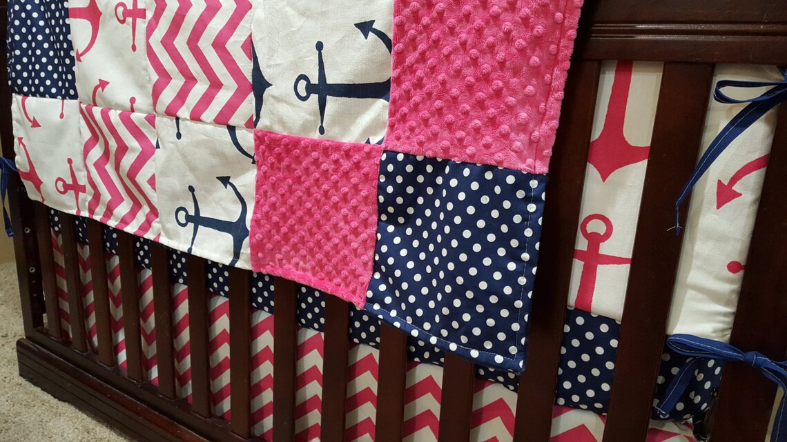 Nautical Girl Crib Bedding Pink Anchors Navy Dot Pink Etsy