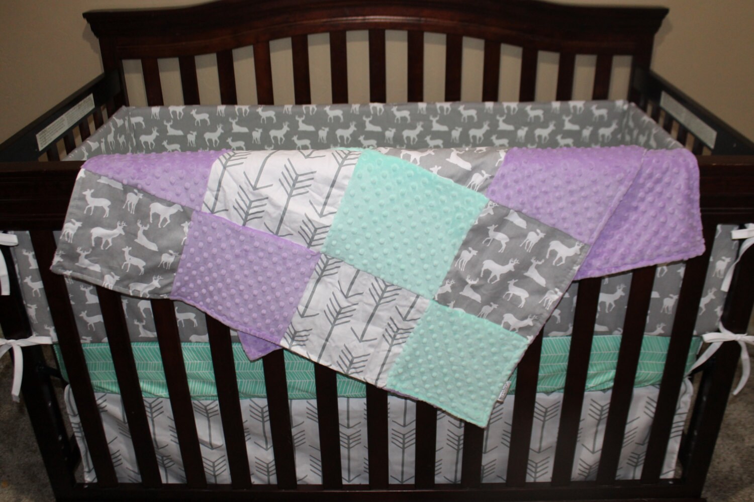 Girl Crib Bedding White Gray Arrows Deer Lilac And Mint