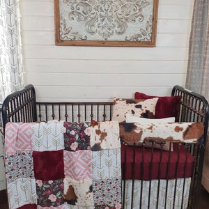 Girl Crib Bedding - Wine Floral and Cow Minky Nursery Collection