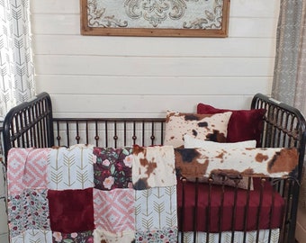 Girl Crib Bedding - Wine Floral and Cow Minky Nursery Collection