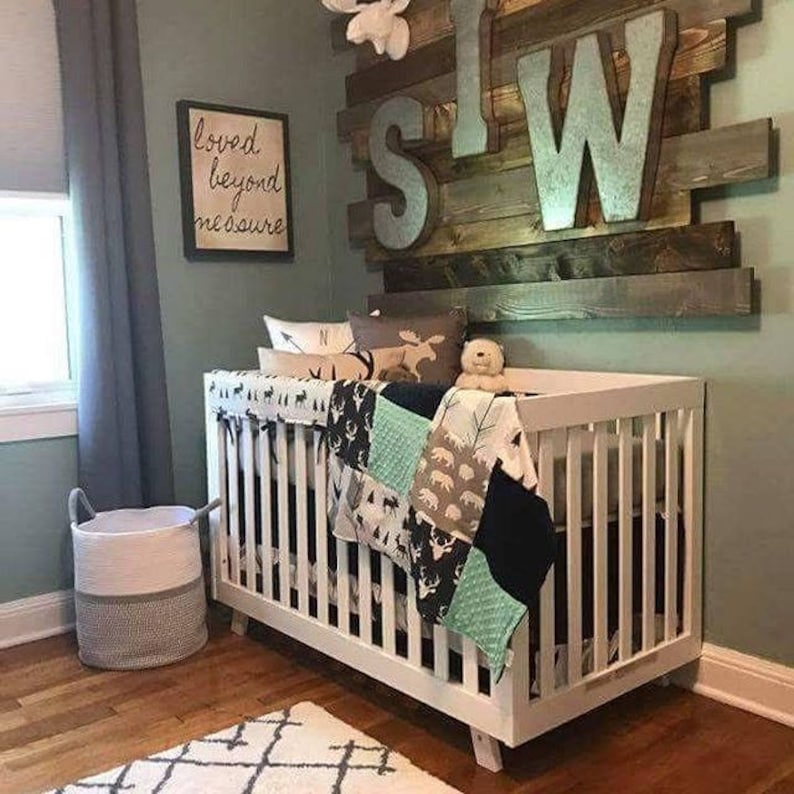 Woodland Boy Crib Bedding Boy Baby Bedding Navy Buck Moose Etsy