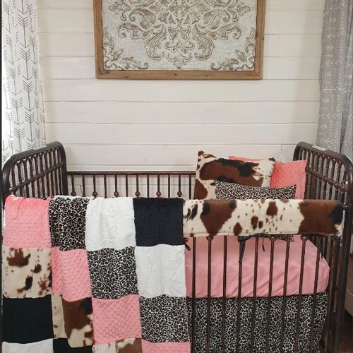 Girl Crib Bedding Summer Floral and Cheetah Minky Nursery Etsy