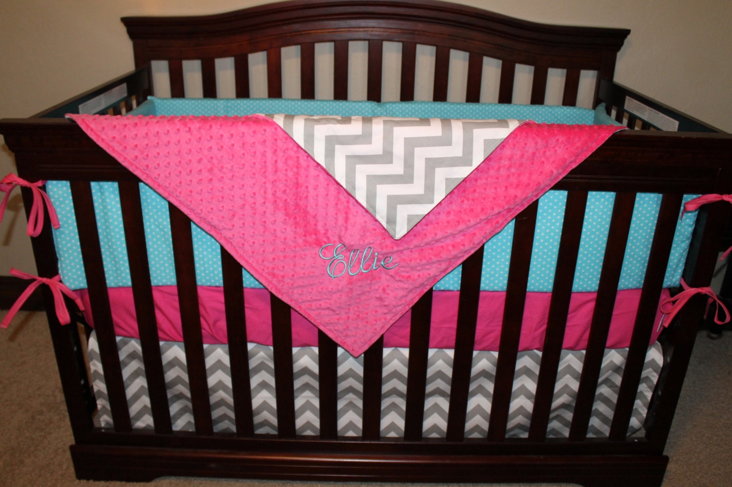 2 Day Ship Aqua Dot Gray Chevron And Hot Pink Crib Bedding