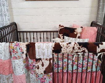 Girl Crib Bedding - Summer Floral and Cow Minky Baby Bedding Nursery Collection