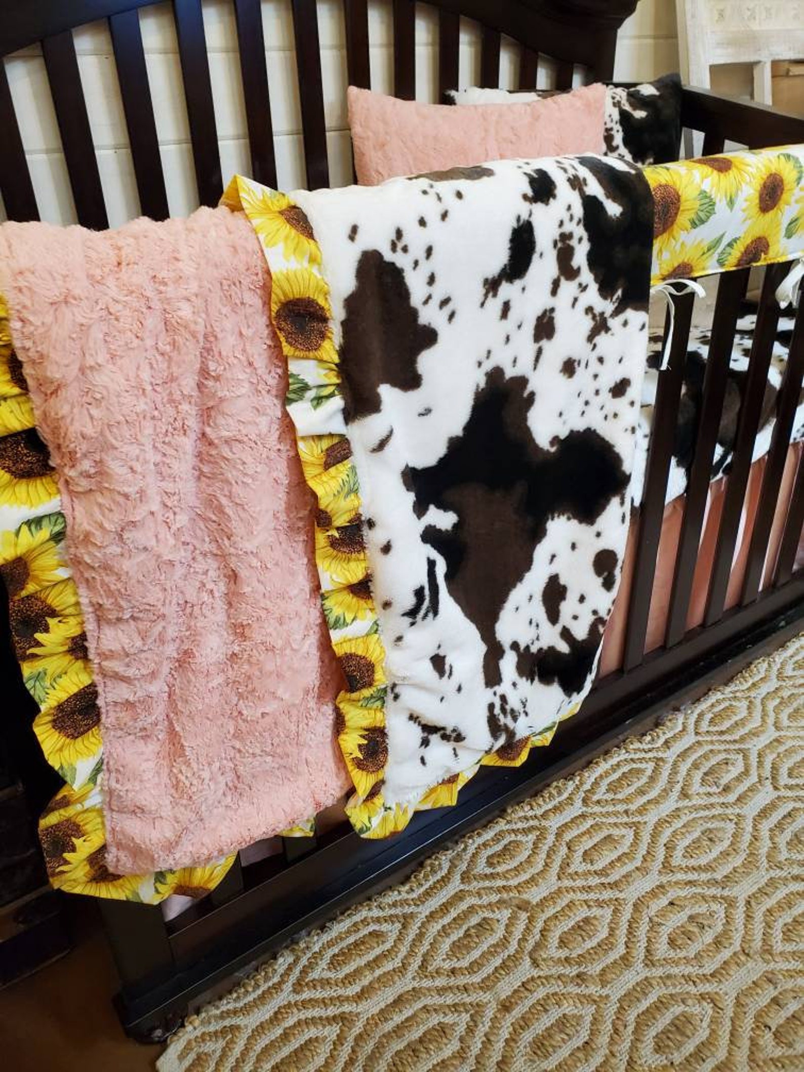 Girl Crib Bedding Sunflower and Cow Minky Farm Nursery Set Etsy