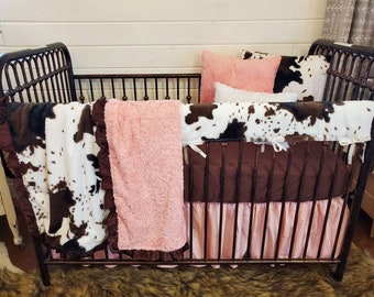 Girl Crib Bedding - Cow Minky Western Nursery Set