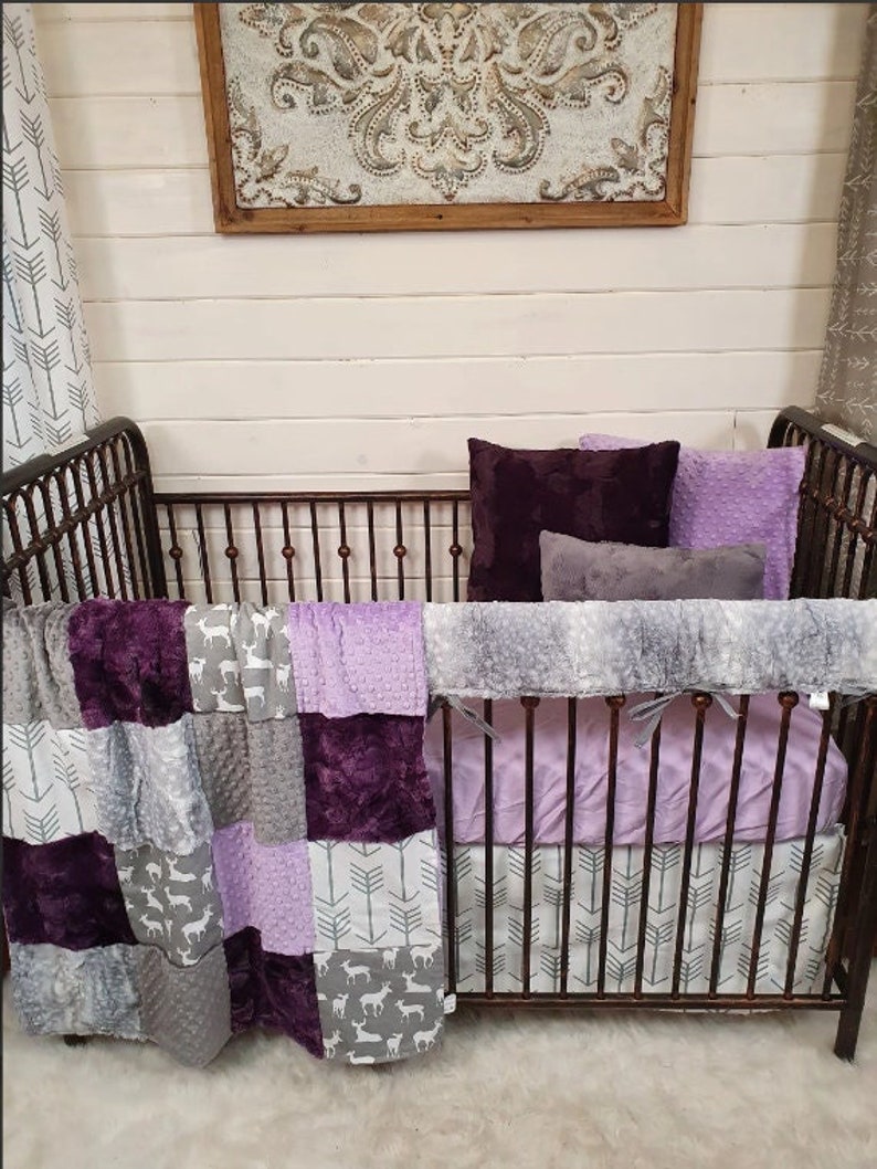 Girl Crib Bedding Deer and Lilac Woodland Nursery Collection image 1