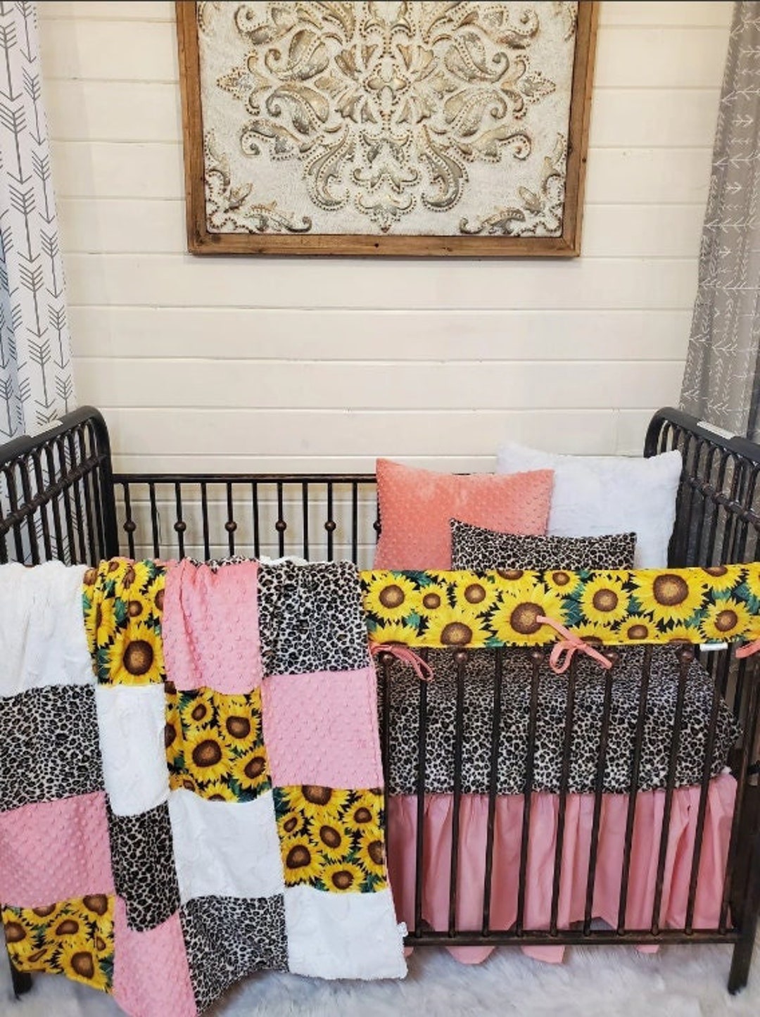 Girl Crib Bedding Sunflower and Cheetah Minky Baby Bedding Nursery Collection Etsy