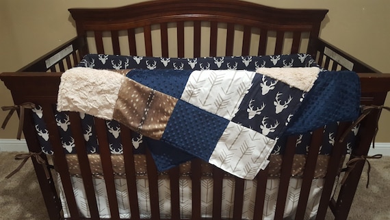 Boy Crib Bedding Navy Buck Deer Skin Minky Woodland Nursery Boy Crib Bedding Navy Buck Deer Skin, Blue Deer Head Baby Bedding