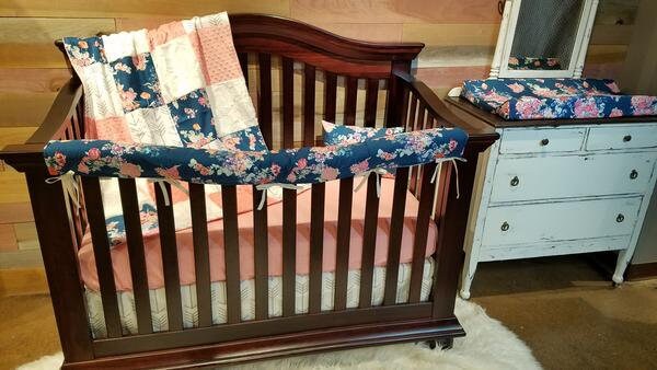 2 Day Ship Girl Crib Bedding Navy Coral Floral White Tan Arrows