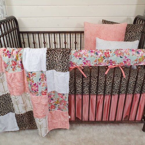 Girl Crib Bedding Summer Floral and Cheetah Minky Nursery Etsy