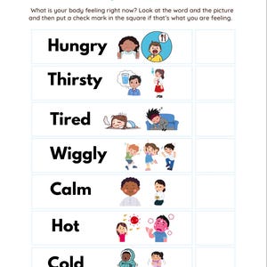 May include: A white educational chart titled "Body Signals" with illustrations and words describing feelings like hungry, thirsty, tired, wiggly, calm, hot, and cold. The chart encourages users to mark their current feelings.
