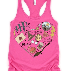 May include: A bright pink racerback tank top featuring a heart-shaped design with various Harry Potter-themed illustrations. The design includes the HP logo, a wizard hat, glasses, a broom, and the word "Always".