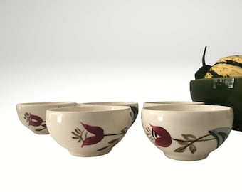 Hand Painted Diner Style Cups, Set of Five with Dark Pink Flower and Green Leaves