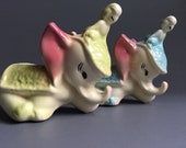 Pair of Hull Elephant Planters, Girl Fairy on Head, Pastels, Baby Shower