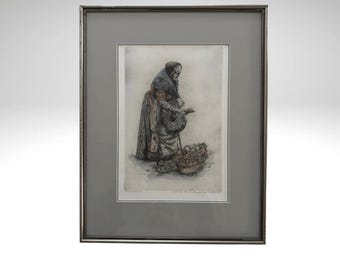 Colored Etching of The Vegetable Woman, Framed and Matted