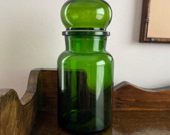 Green Glass Apothecary Jar with Glass Stopper from Belgium