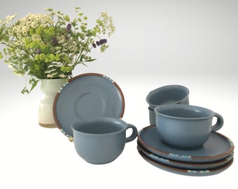 Dansk Stoneware in the Mesa Pattern, Sky Blue and Rust Color, Set of Four Cups and Saucers, Southwestern Modern