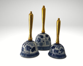Blue and White Bell Set with Brass Handles from Maitland Smith