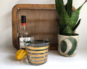 Culver Glass Ice Bucket, Crackle Gold Horizontal Stripes, Vintage Barware