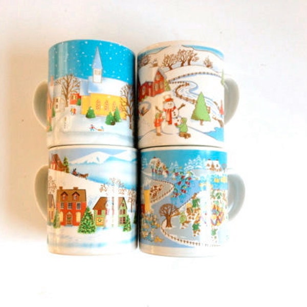 Holiday Mugs : Village Winter Scene - vintage