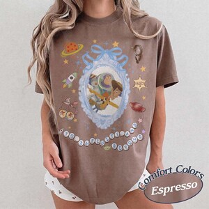 Peut inclure: Un t-shirt marron &agrave; manches courtes avec un cadre bleu clair orn&eacute; au centre contenant Buzz l'&Eacute;clair et Woody. Les graphismes incluent une plan&egrave;te, une fus&eacute;e, une &eacute;toile de sh&eacute;rif avec le texte Howdy, un chapeau et le texte To Infinity and Beyond.