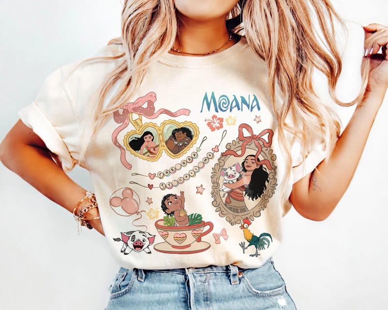 Camiseta vintage de Disney Moana Coquette Bows, camiseta de Maui Moana Hei Hei y Pua, camiseta familiar de Disney, camiseta de la princesa Ariel de Disney, regalo divertido de princesa imagen 1