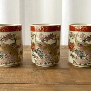 Antique Japanese Satsuma Cups Set of 3, Hand-Painted Peacock Motif, Crackle Glaze, Satsuma Japan, c. 1891–1921