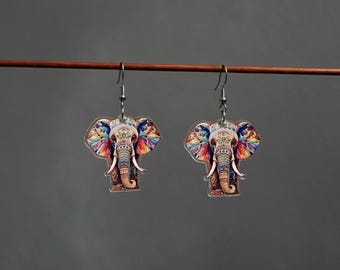 Colorful Elephant Earrings, Boho Animal Dangle Earrings,  Lightweight Acrylic Earrngs
