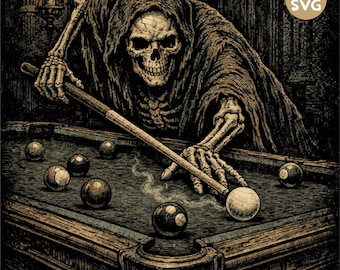 Skeleton Playing Billiards PNG, Gothic Pool Player Design SVG, Dark Academia Snooker Vintage Illustration Sublimation Digital Download