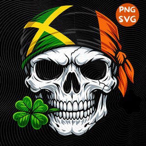 May include: A detailed illustration of a white skull wearing a Jamaican flag bandana and an orange bandana. A green four-leaf clover is in the skull's mouth. The background is black with wavy lines. The image has the text "PNG SVG".
